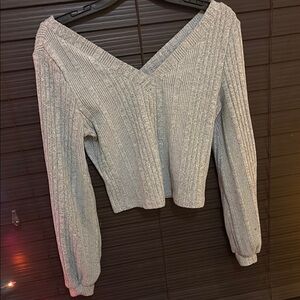 Gray V-Neck Ribbed Sweater